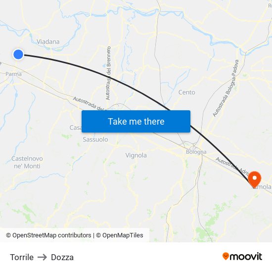 Torrile to Dozza map