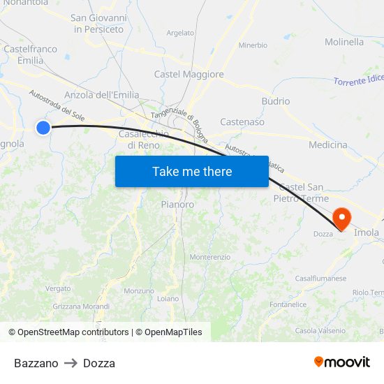Bazzano to Dozza map