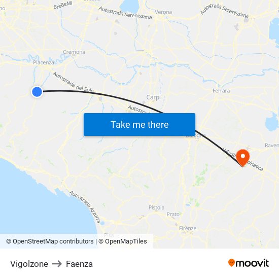 Vigolzone to Faenza map