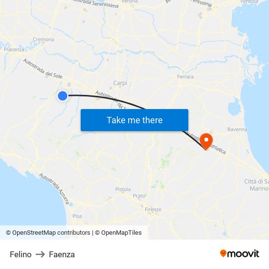 Felino to Faenza map
