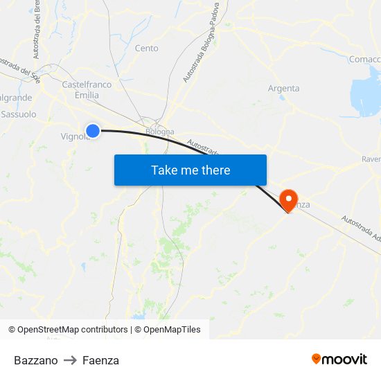 Bazzano to Faenza map
