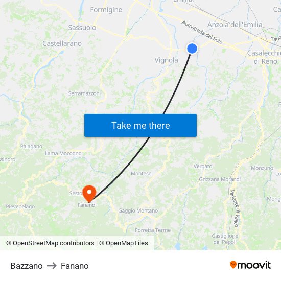 Bazzano to Fanano map