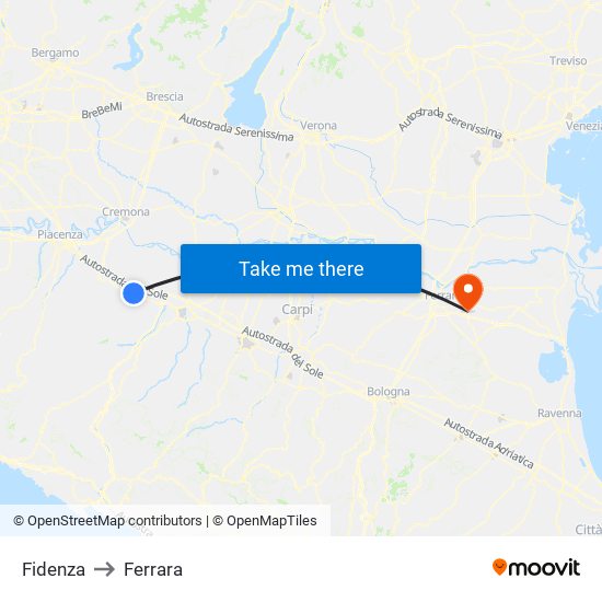 Fidenza to Ferrara map