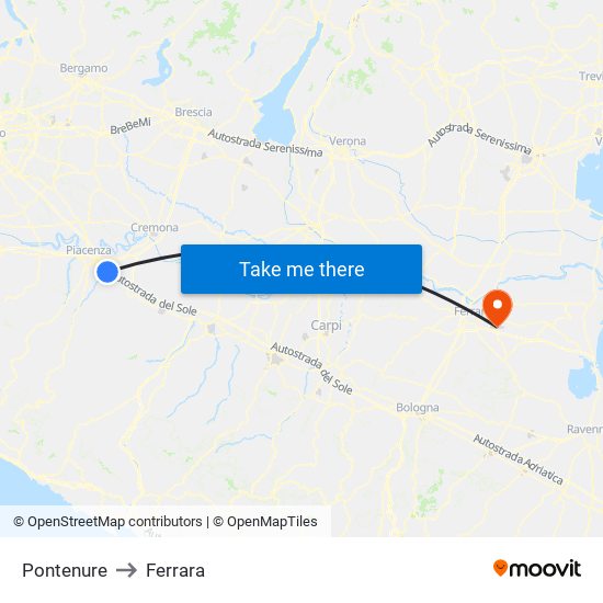 Pontenure to Ferrara map