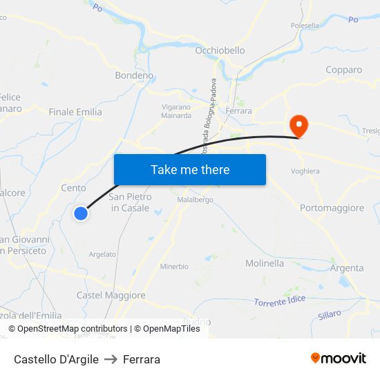Castello D'Argile to Ferrara map