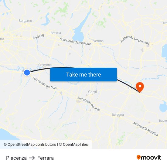 Piacenza to Ferrara map