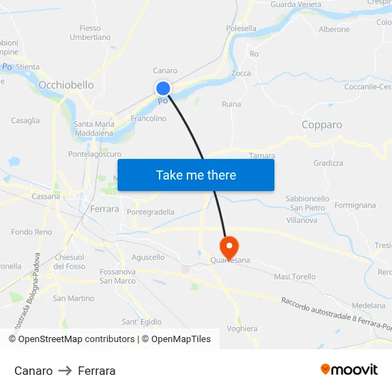 Canaro to Ferrara map