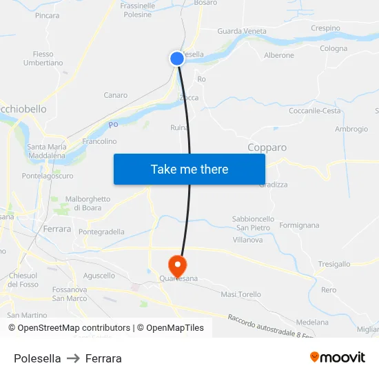 Polesella to Ferrara map