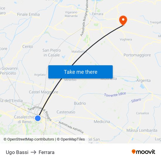 Ugo Bassi to Ferrara map