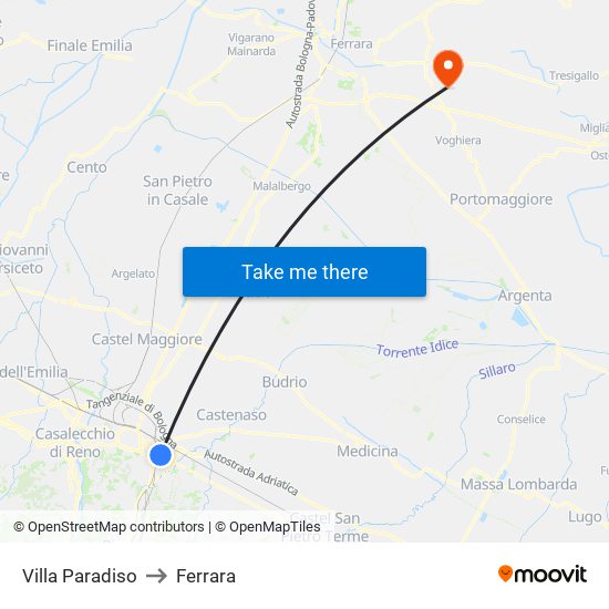 Villa Paradiso to Ferrara map