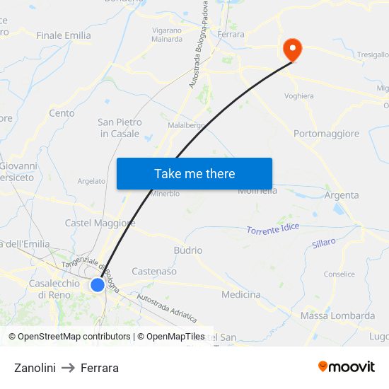 Zanolini to Ferrara map