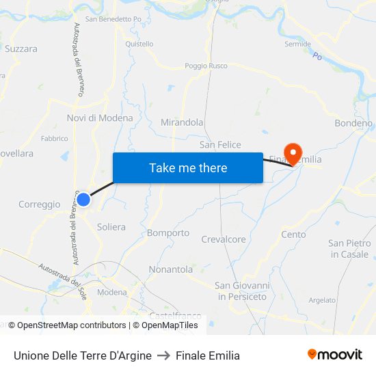 Unione Delle Terre D'Argine to Finale Emilia map