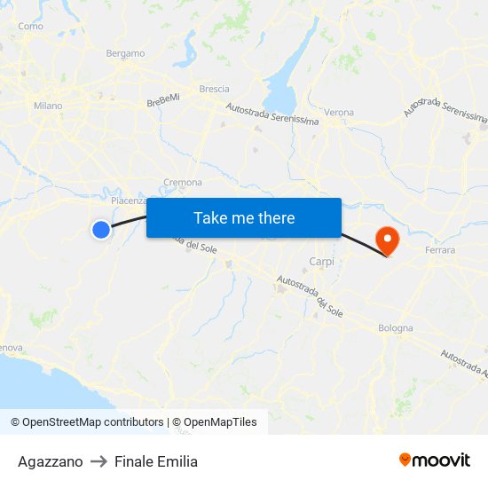 Agazzano to Finale Emilia map