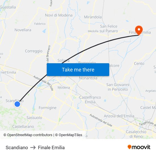 Scandiano to Finale Emilia map