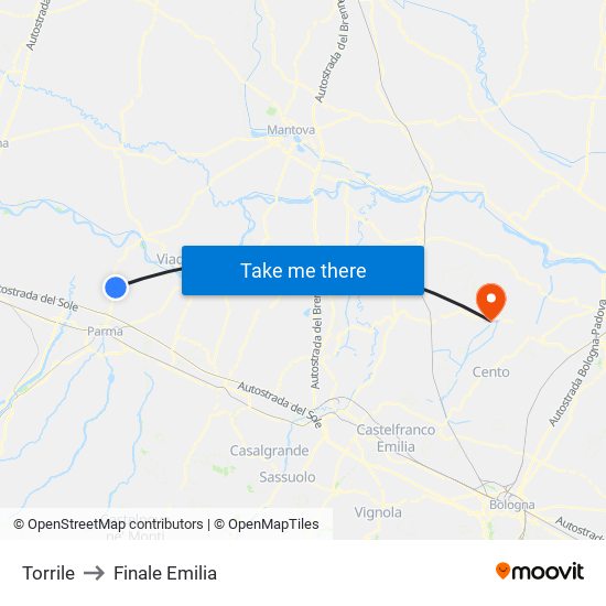 Torrile to Finale Emilia map
