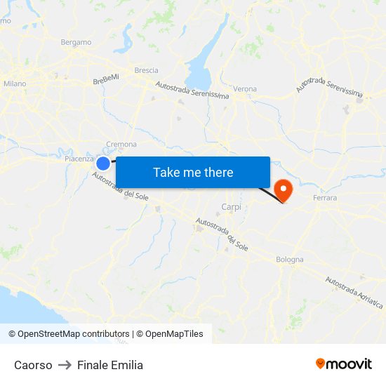 Caorso to Finale Emilia map