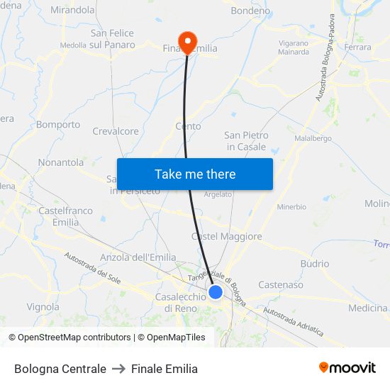 Bologna Centrale to Finale Emilia map