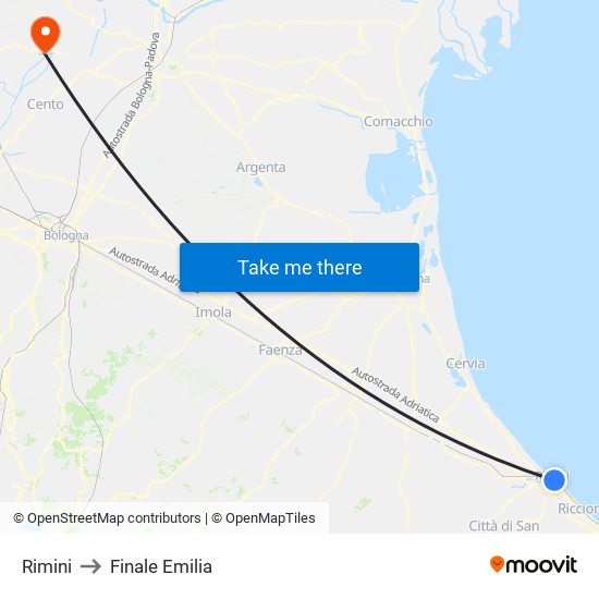 Rimini to Finale Emilia map