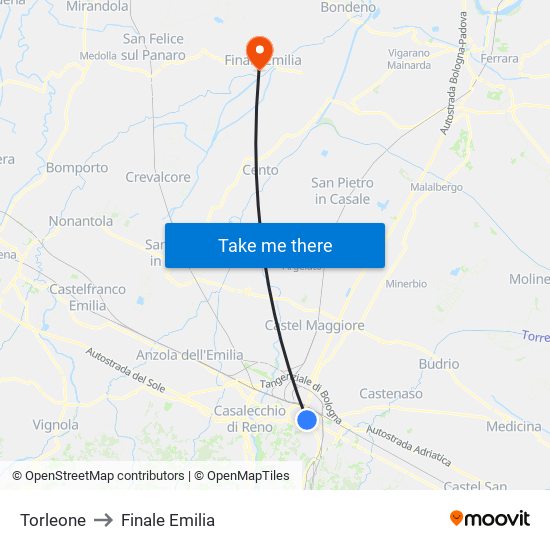 Torleone to Finale Emilia map