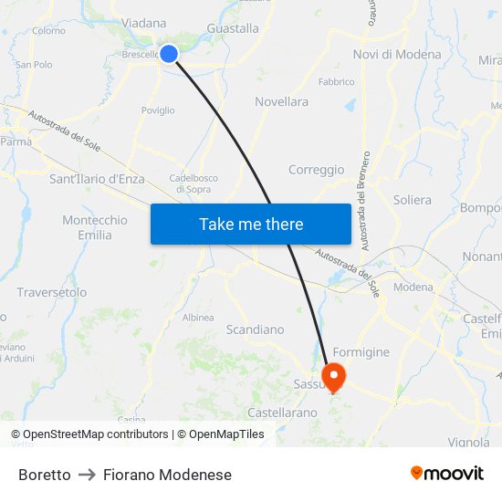 Boretto to Fiorano Modenese map