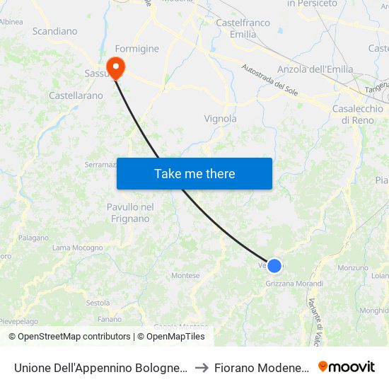 Unione Dell'Appennino Bolognese to Fiorano Modenese map