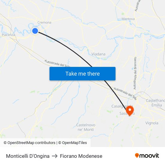 Monticelli D'Ongina to Fiorano Modenese map