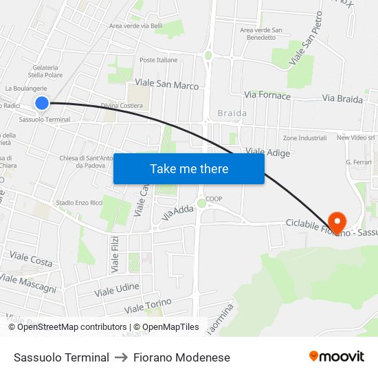 Sassuolo Terminal to Fiorano Modenese map