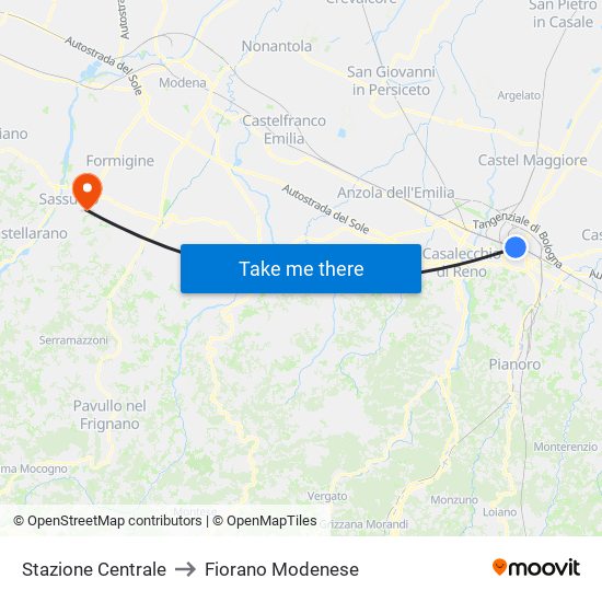 Stazione Centrale to Fiorano Modenese map