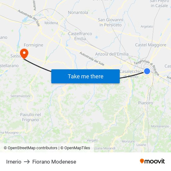 Irnerio to Fiorano Modenese map