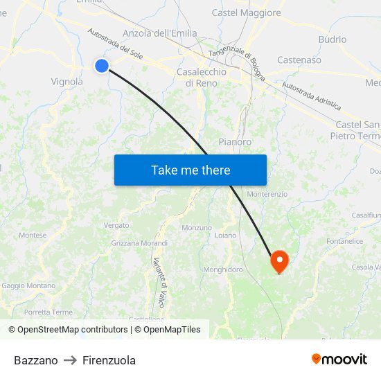 Bazzano to Firenzuola map