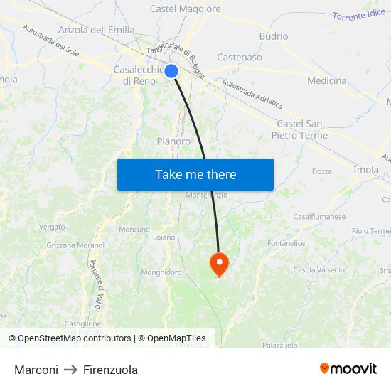 Marconi to Firenzuola map