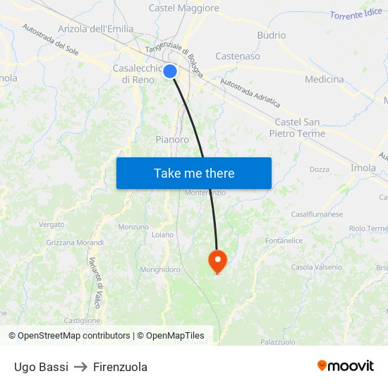 Ugo Bassi to Firenzuola map