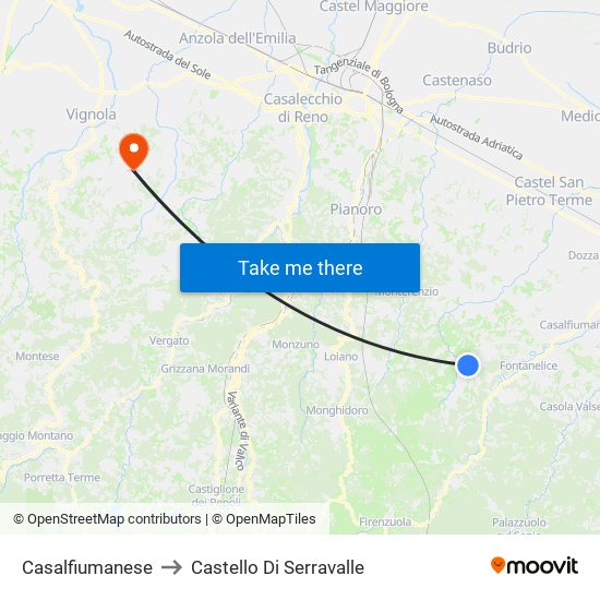 Casalfiumanese to Castello Di Serravalle map