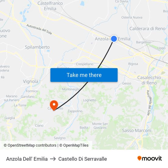 Anzola Dell' Emilia to Castello Di Serravalle map