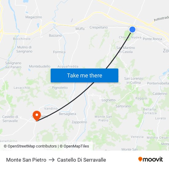 Monte San Pietro to Castello Di Serravalle map