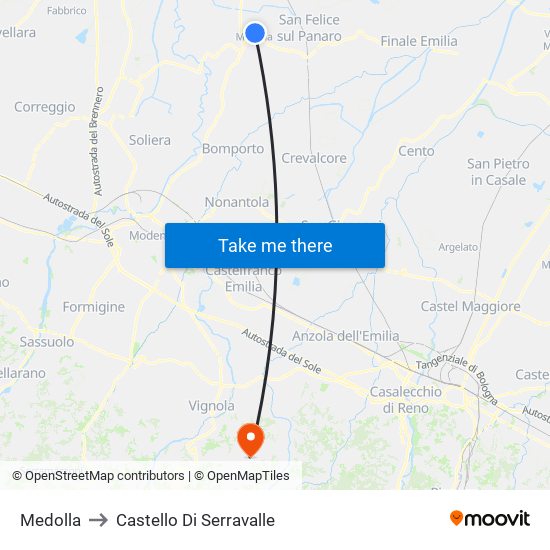 Medolla to Castello Di Serravalle map