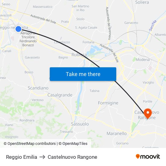 Reggio Emilia to Castelnuovo Rangone map
