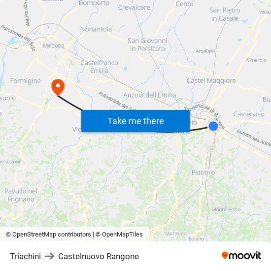 Triachini to Castelnuovo Rangone map
