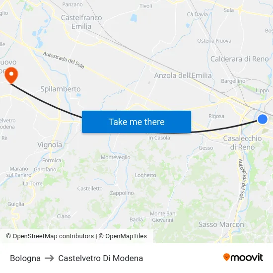 Bologna to Castelvetro Di Modena map