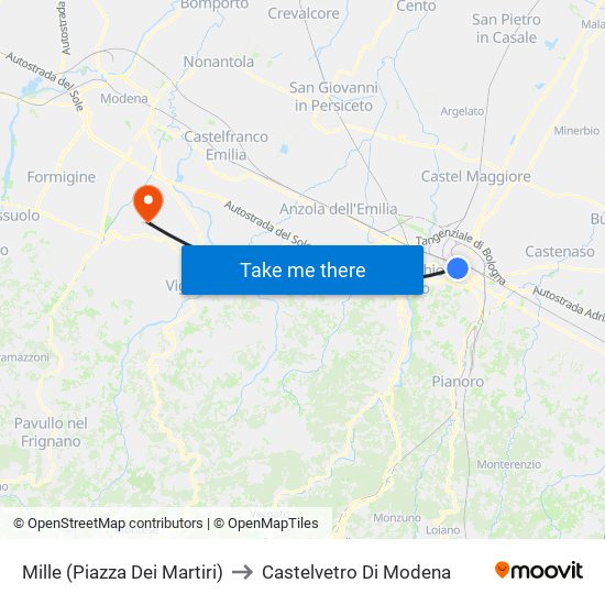 Mille (Piazza Dei Martiri) to Castelvetro Di Modena map