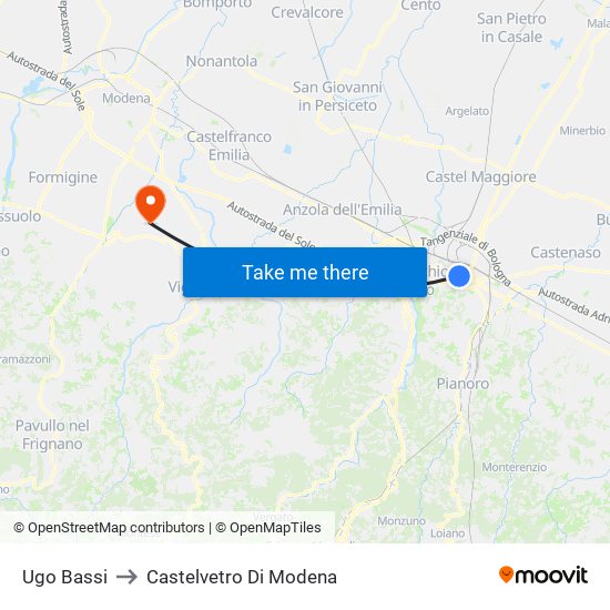 Ugo Bassi to Castelvetro Di Modena map
