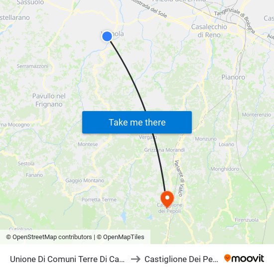Unione Di Comuni Terre Di Castelli to Castiglione Dei Pepoli map