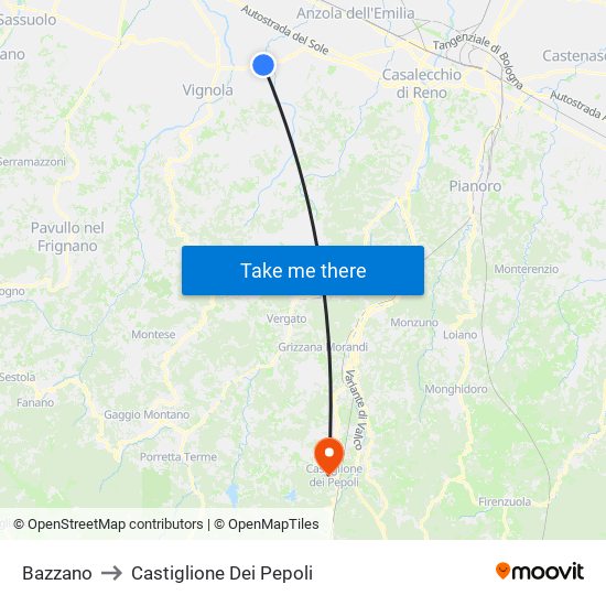 Bazzano to Castiglione Dei Pepoli map