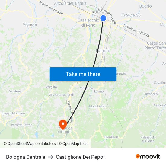 Bologna Centrale to Castiglione Dei Pepoli map