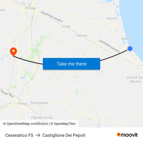 Cesenatico FS to Castiglione Dei Pepoli map