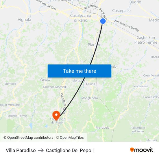 Villa Paradiso to Castiglione Dei Pepoli map