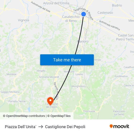 Piazza Dell`Unita` to Castiglione Dei Pepoli map