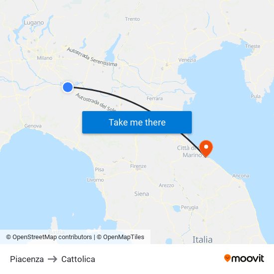 Piacenza to Cattolica map