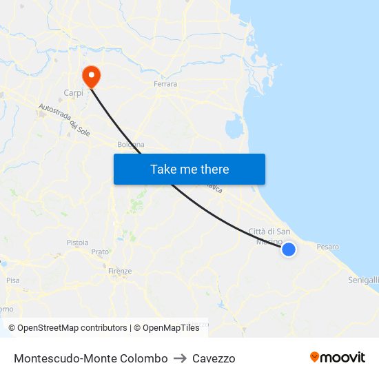 Montescudo-Monte Colombo to Cavezzo map