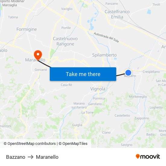 Bazzano to Maranello map